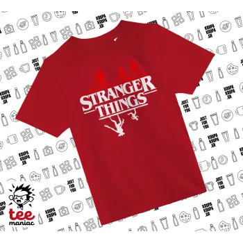Stranger Things upside down, Άνετο παιδικό T-Shirt ΚΟΚΚΙΝΟ από 100% βαμβάκι, για κάθε μέρα. Vegan & OEKO-TEX πιστοποιημένο.
