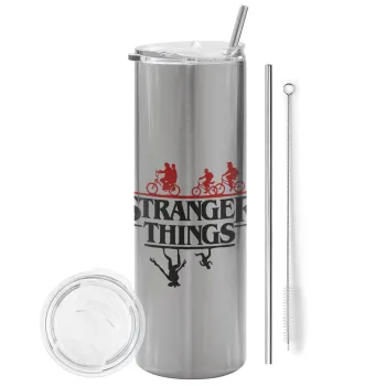 Stranger Things upside down, Tumbler ποτήρι θερμό Ασημένιο από ανοξείδωτο ατσάλι 600ml, με μεταλλικό καλαμάκι & βούρτσα καθαρισμού