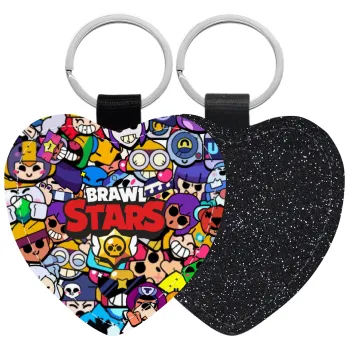 Brawl Stars characters, Μπρελόκ PU δερμάτινο glitter καρδιά ΜΑΥΡΟ