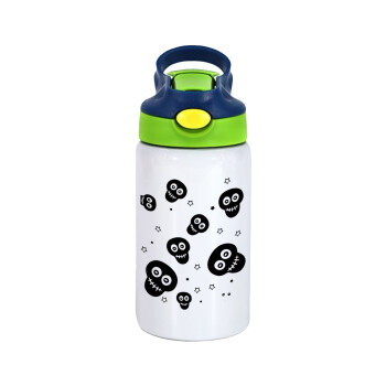 Skull avatar, Children's hot water bottle, stainless steel, with safety straw, green, blue (350ml)