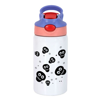 Skull avatar, Children's hot water bottle, stainless steel, with safety straw, pink/purple (350ml)