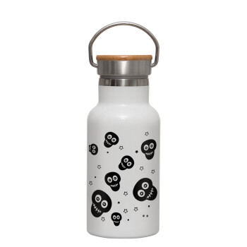 Skull avatar, Metallic thermos (Stainless steel) White with wooden lid (bamboo), double-walled, 350ml