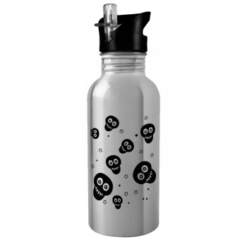 Skull avatar, Water bottle Silver with straw, stainless steel 600ml