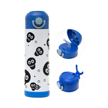 Skull avatar, Children's hot water bottle, stainless steel, with safety straw, BLUE (500ml)