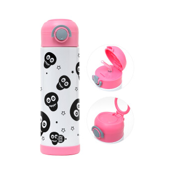 Skull avatar, Children's hot water bottle, stainless steel, with safety straw, PINK (500ml)