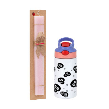 Skull avatar, Easter Set, Children's thermal stainless steel water bottle with safety straw, pink/purple (350ml) & Easter scented flat candle (30cm) (PINK)
