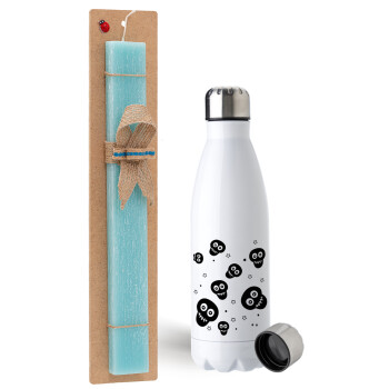 Skull avatar, Easter Set, metallic stainless steel water bottle (750ml) & aromatic flat Easter candle (30cm) (TURQUOISE)