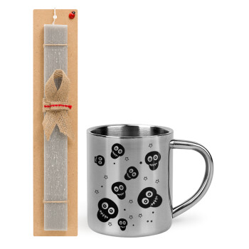 Skull avatar, Easter Set, metallic thermal cup (300ml) & Easter aromatic flat candle (30cm) (GRAY)