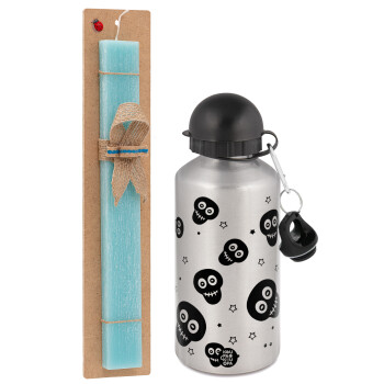 Skull avatar, Easter Set, metallic silver aluminum water bottle (500ml) & scented flat Easter candle (30cm) (TURQUOISE)