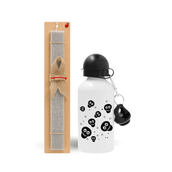 Skull avatar, Easter Set, metallic aluminum water bottle (500ml) & aromatic flat Easter candle (30cm) (GRAY)
