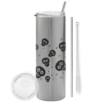 Skull avatar, Tumbler stainless steel Silver 600ml, with metal straw & cleaning brush