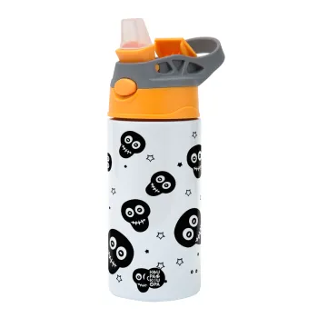 Skull avatar, Children's hot water bottle, stainless steel, with safety straw, Orange/Grey (360ml) BPA-FREE