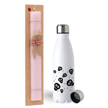 Skull avatar, Easter Set, metallic stainless steel water bottle (750ml) & scented flat Easter candle (30cm) (PINK)