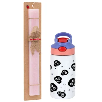 Skull avatar, Easter Set, Children's thermal stainless steel water bottle with safety straw, pink/purple (350ml) & Easter scented flat candle (30cm) (PINK)