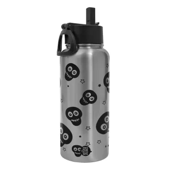 Skull avatar, Μεταλλικό παγούρι θερμός Silver με καλαμάκι και χερούλι (Stainless steel), διπλού τοιχώματος, 950ml
