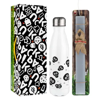 Skull avatar, Easter candle, metallic white thermos bottle (500ml) & aromatic flat candle (30cm) (GRAY)