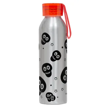 Skull avatar, Αλουμινένιο Αθλητικό Μπουκάλι 650ml – Ασημί με Κόκκινο Καπάκι και Λουράκι Σιλικόνης