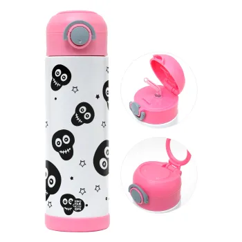 Skull avatar, Παιδικό παγούρι θερμό, ανοξείδωτο, με καλαμάκι ασφαλείας, ΡΟΖ (500ml)