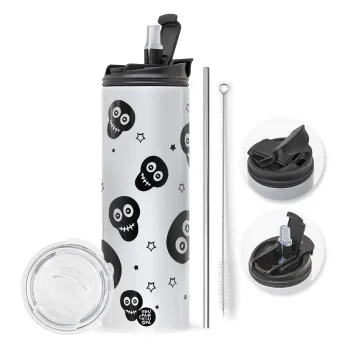 Skull avatar, Travel Tumbler θερμό με διπλό καπάκι, μεταλλικό καλαμάκι και βούρτσα καθαρισμού (Ανωξείδωτο 304 Food grade, BPA free, 600ml)