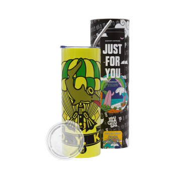 Ο.Υ.Κ., Neon Yellow Travel Tumbler θερμό, μεταλλικό καλαμάκι(Ανωξείδωτο 304 Food grade, BPA free, 600ml)