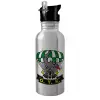 Water bottle Silver with straw, stainless steel 600ml