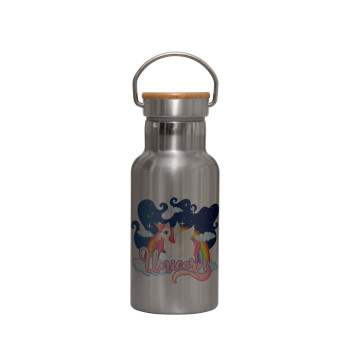 Μονόκερος, Stainless steel metallic thermos flask, silver with a bamboo lid, double-walled, 350ml.