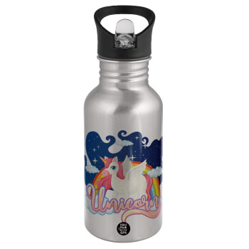 Μονόκερος, Water bottle Silver with straw, stainless steel 500ml