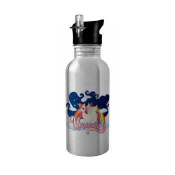 Μονόκερος, Water bottle Silver with straw, stainless steel 600ml