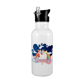 Μονόκερος, Παγούρι νερού Λευκό με καλαμάκι, ανοξείδωτο ατσάλι 600ml