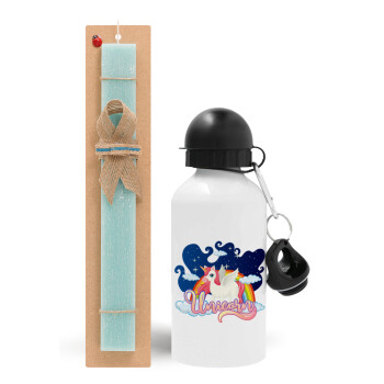 Μονόκερος, Easter Set, metallic aluminum water bottle (500ml) & scented flat candle (30cm) (TURQUOISE)
