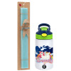 Easter Set, Children's thermal stainless steel bottle with safety straw, green/blue (350ml) & aromatic flat Easter candle (30cm) (TURQUOISE)