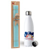 Easter Set, metallic stainless steel water bottle (750ml) & aromatic flat Easter candle (30cm) (TURQUOISE)