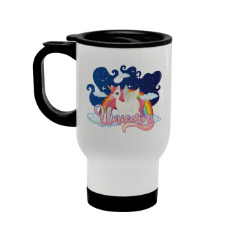 Μονόκερος, Κούπα ταξιδιού ανοξείδωτη με καπάκι, διπλού τοιχώματος (θερμό) λευκή 450ml