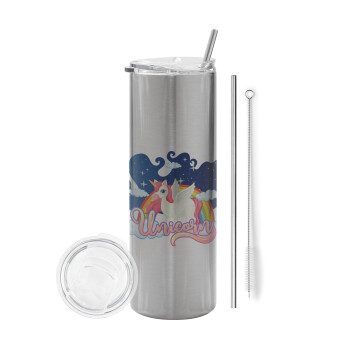 Μονόκερος, Tumbler stainless steel Silver 600ml, with metal straw & cleaning brush