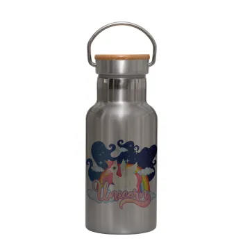 Μονόκερος, Stainless steel metallic thermos flask, silver with a bamboo lid, double-walled, 350ml.