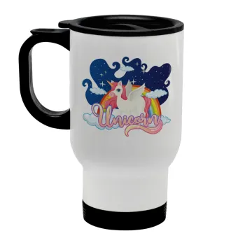 Μονόκερος, Κούπα ταξιδιού ανοξείδωτη με καπάκι, διπλού τοιχώματος (θερμό) λευκή 450ml
