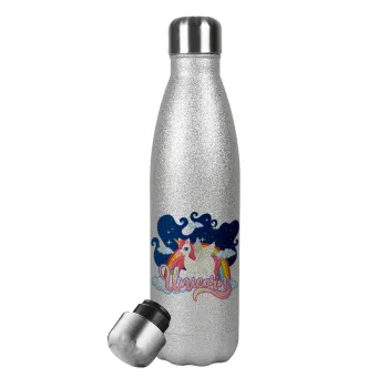 Μονόκερος, Metallic Glitter Silver Thermos Flask (Stainless steel), double-walled, 500ml