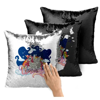 Μονόκερος, Μαξιλάρι καναπέ Μαγικό Μαύρο με πούλιες 40x40cm περιέχεται το γέμισμα