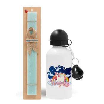 Μονόκερος, Easter Set, metallic aluminum water bottle (500ml) & scented flat candle (30cm) (TURQUOISE)