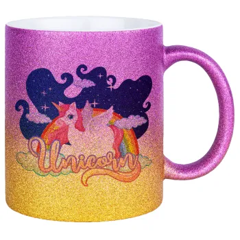 Μονόκερος, Κούπα Χρυσή/Ροζ Glitter, κεραμική, 330ml