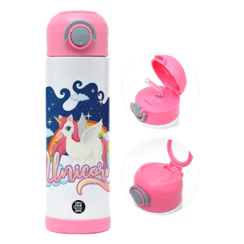 Μονόκερος, Children's hot water bottle, stainless steel, with safety straw, PINK (500ml)