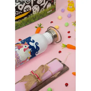 Μονόκερος, Πασχαλινή Λαμπάδα με παγούρι μεταλλικό (620ml, stainless steel) & κερί αρωματικό πλακέ (30cm) (ΡΟΖ)