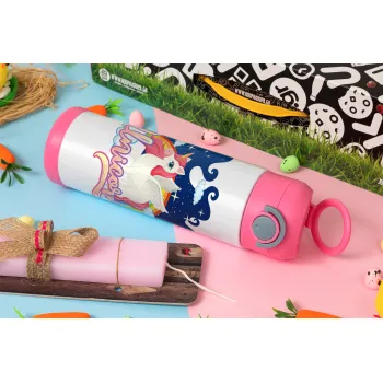 Μονόκερος, Easter candle, Childrens hot water bottle, stainless steel, with safety straw, PINK (500ml)