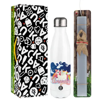 Μονόκερος, Easter candle, metallic white thermos bottle (500ml) & aromatic flat candle (30cm) (GRAY)