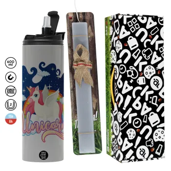 Μονόκερος, Πασχαλινή Λαμπάδα με Travel Tumbler θερμό (600ml, BPA free) & κερί αρωματικό πλακέ (30cm) (ΓΚΡΙ)