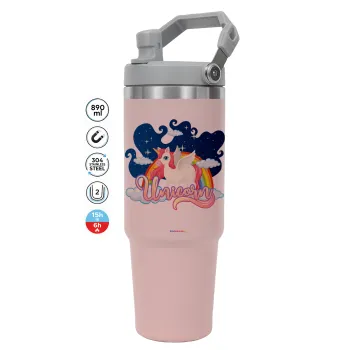 Μονόκερος, Pink color, 890ml (30oz) stainless Steel Tumbler with Handle