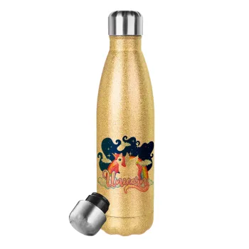 Μονόκερος, Glitter gold stainless steel thermos bottle, double-walled, 500ml