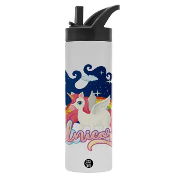 Μονόκερος, Metallic thermos bottle with straw & handle, stainless steel (Stainless steel 304), double-walled, 600ml.