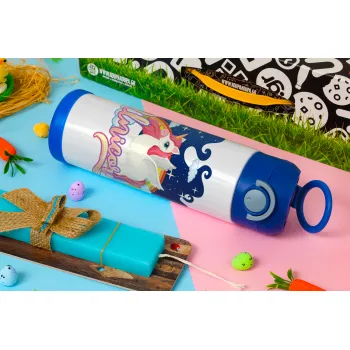 Μονόκερος, Easter candle, Childrens hot water bottle, stainless steel, with safety straw, BLUE (500ml)