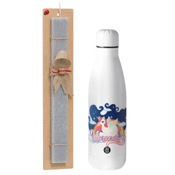 Μονόκερος, Easter Set, metallic stainless thermos bottle (500ml) & scented flat Easter candle (30cm) (GRAY)